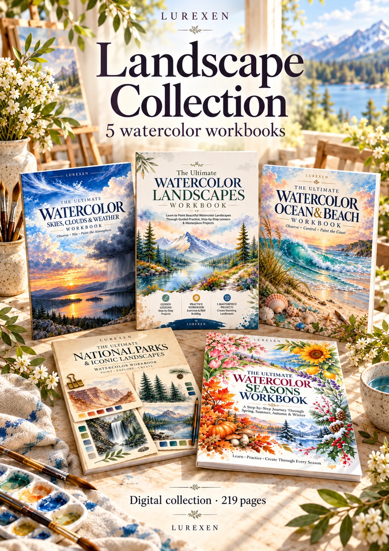 Styled Watercolor Landscapes Bundle: 5 Workbooks for Skies, Oceans, Parks and Seasonal Scenes digital collection preview