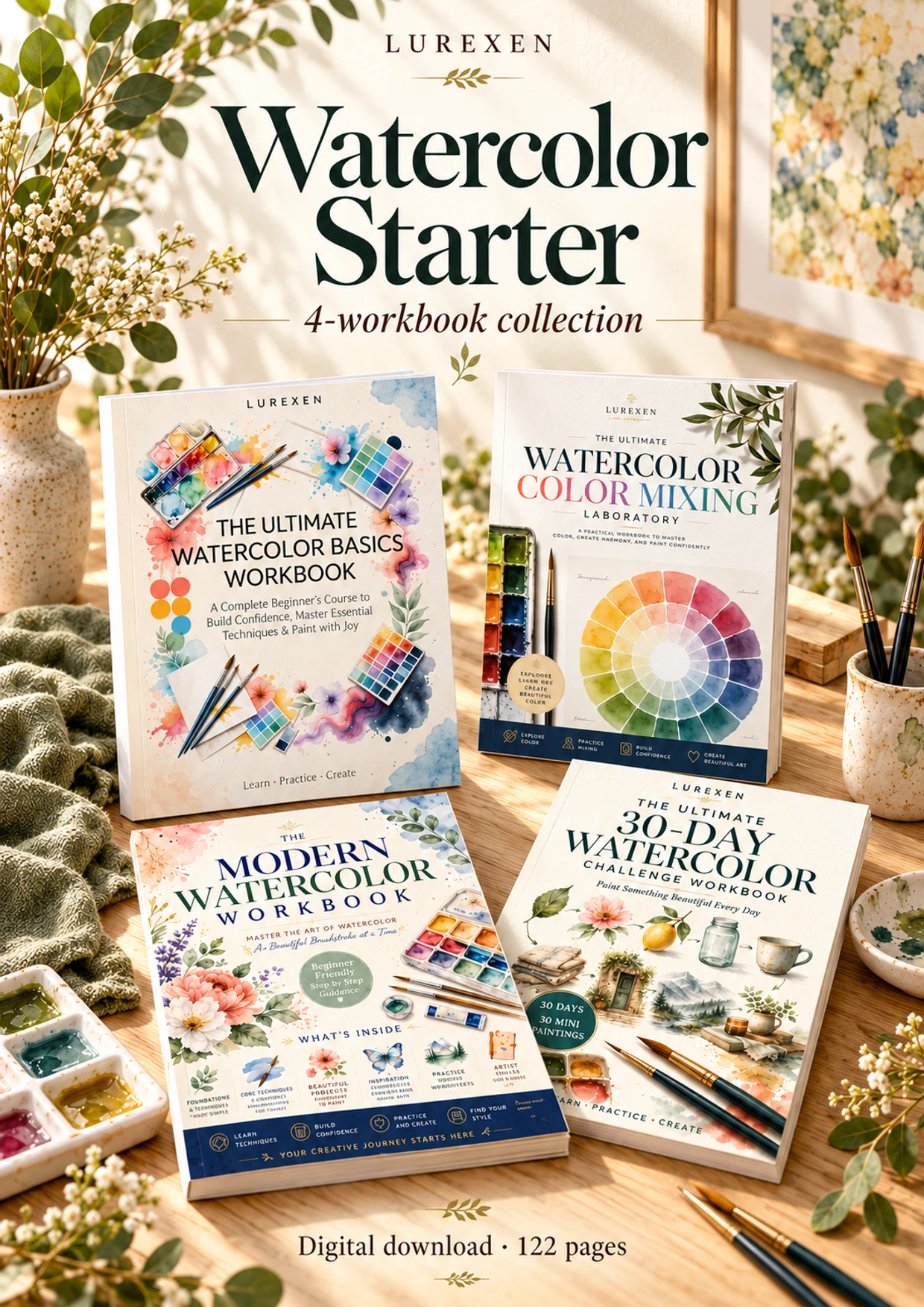 Styled Watercolor Starter Bundle: 4 Workbooks for Brush Skills, Color Mixing and Daily Painting digital collection preview
