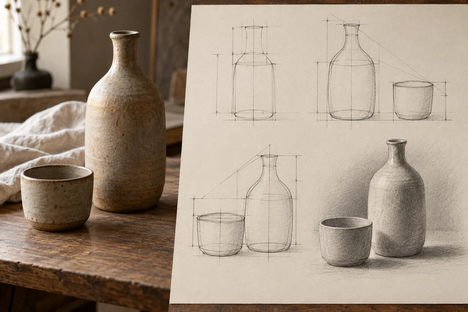 Ceramic bottle and cup observed beside graphite proportion studies