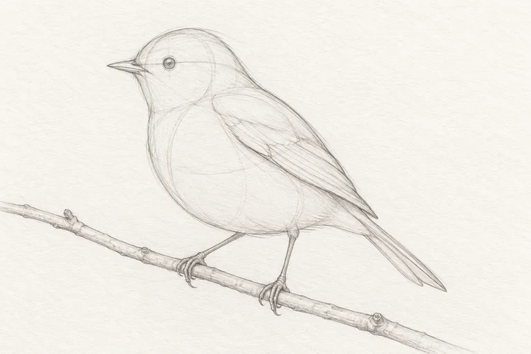 AI-created pencil study with unequal head and body construction masses and a connected left-facing robin silhouette.