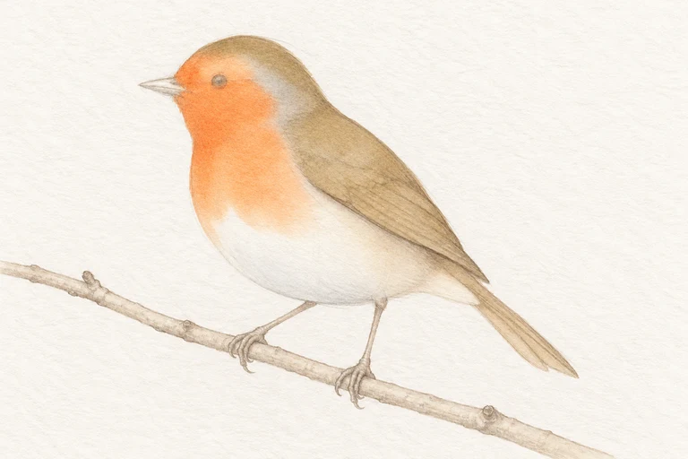 AI-created light watercolor study with an orange face and breast, olive-brown upperparts and a mostly unpainted pale belly.