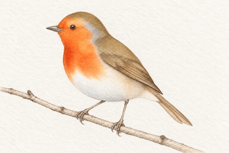 AI-created later watercolor robin study with selected darker wing marks, a small dark eye and beak, and a preserved pale belly.
