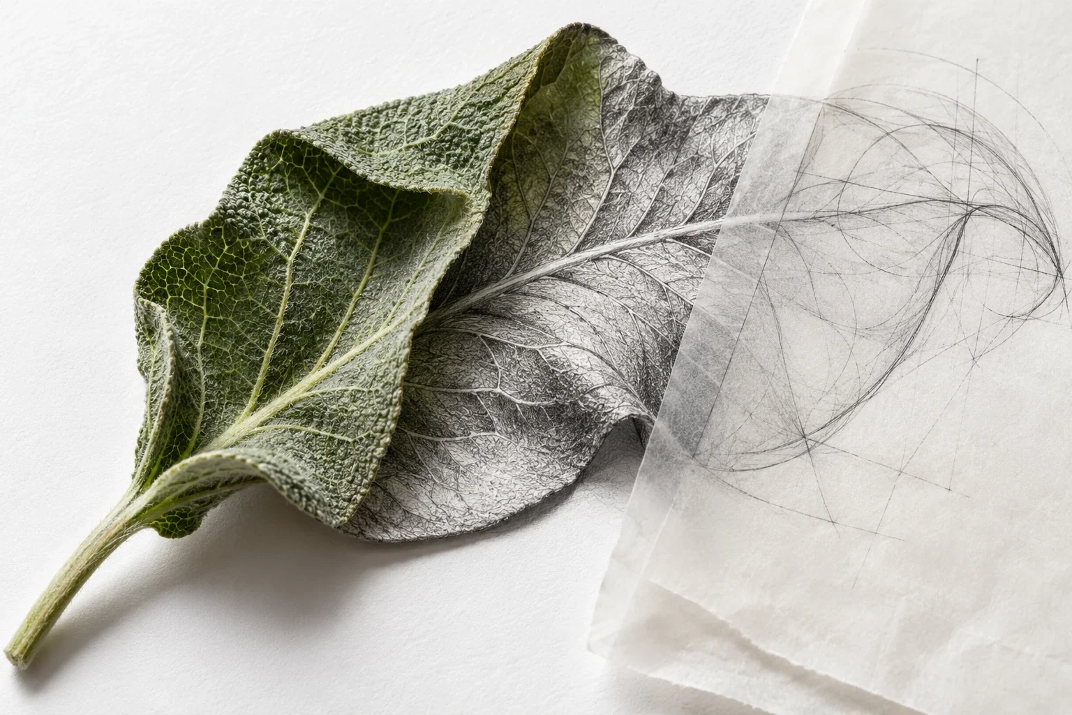 Conceptual botanical observation artwork combining a leaf, graphite study, and tracing paper