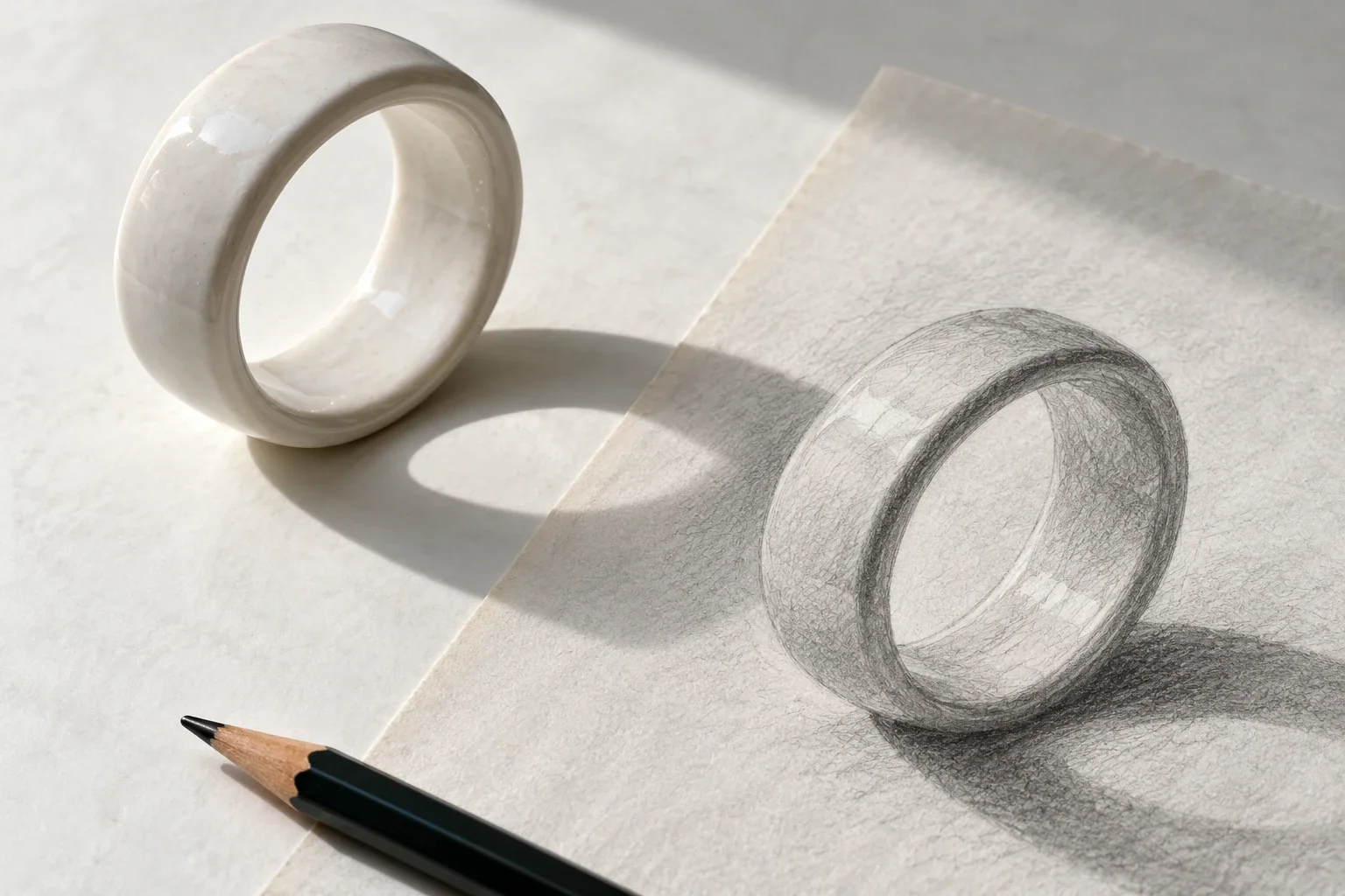 Conceptual ceramic ring and graphite study emphasizing negative space