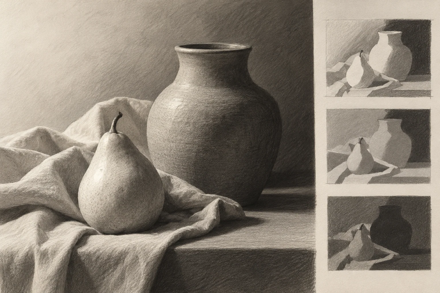 Graphite still life grouped into light, middle and dark values