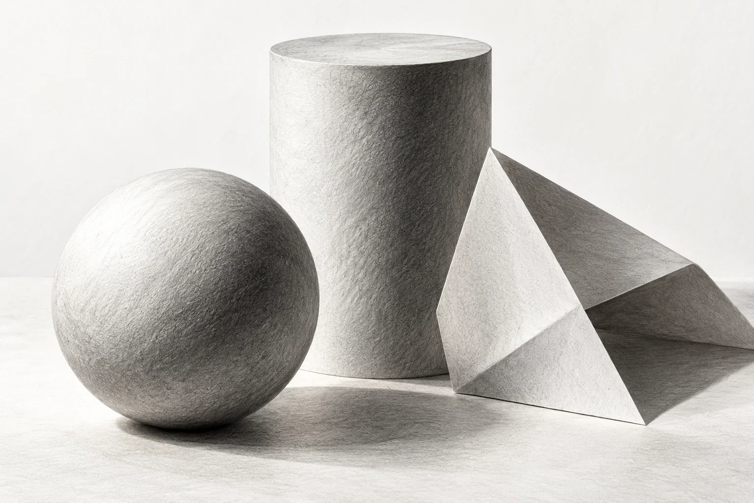 Graphite sphere, cylinder and folded paper under one light source