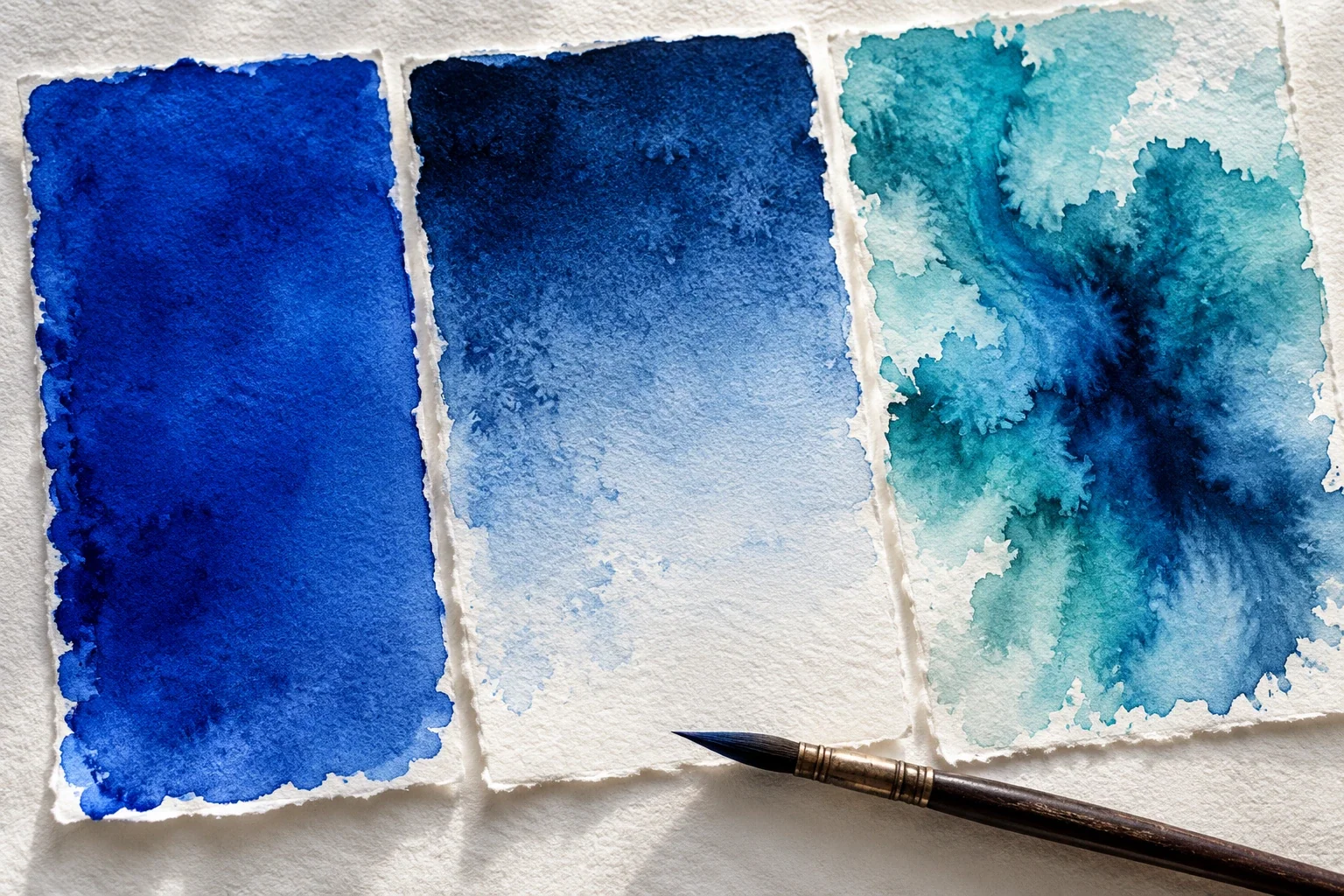Conceptual watercolor artwork with three contrasting blue and teal painted passages
